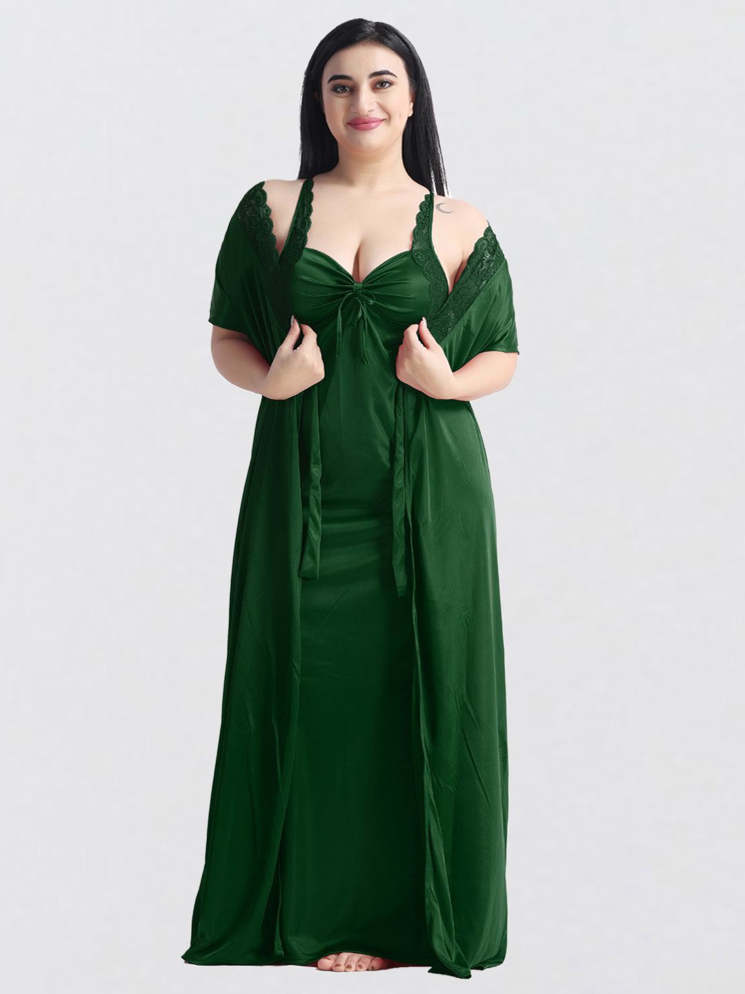 

NIGHT KEYS Women Set Of 6 Solid Satin Maxi Nightdress, Green