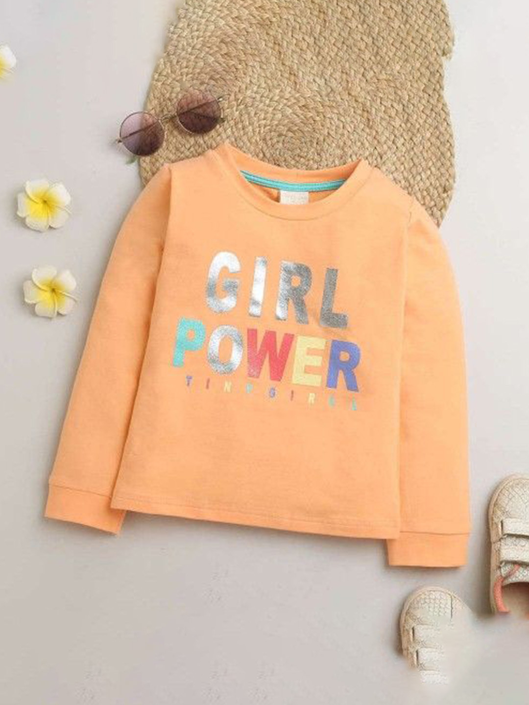 

Tiny Girl Typography Printed Round Neck Cotton Top, Peach