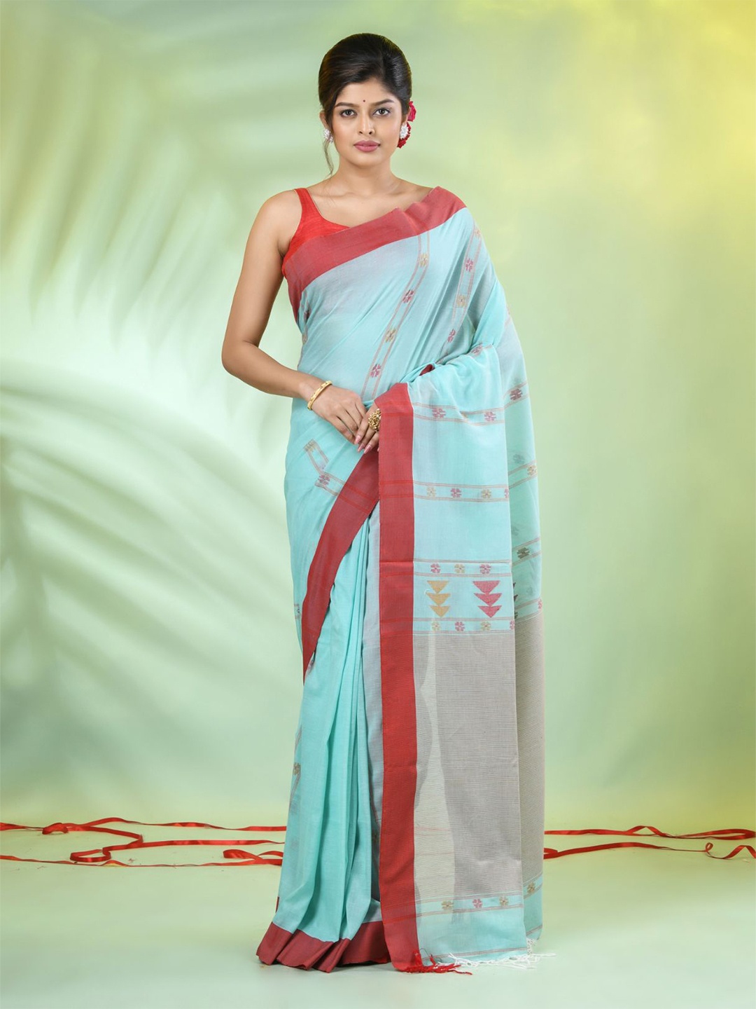 

Charukriti Ethnic Motifs Printed Pure Cotton Saree, Sea green