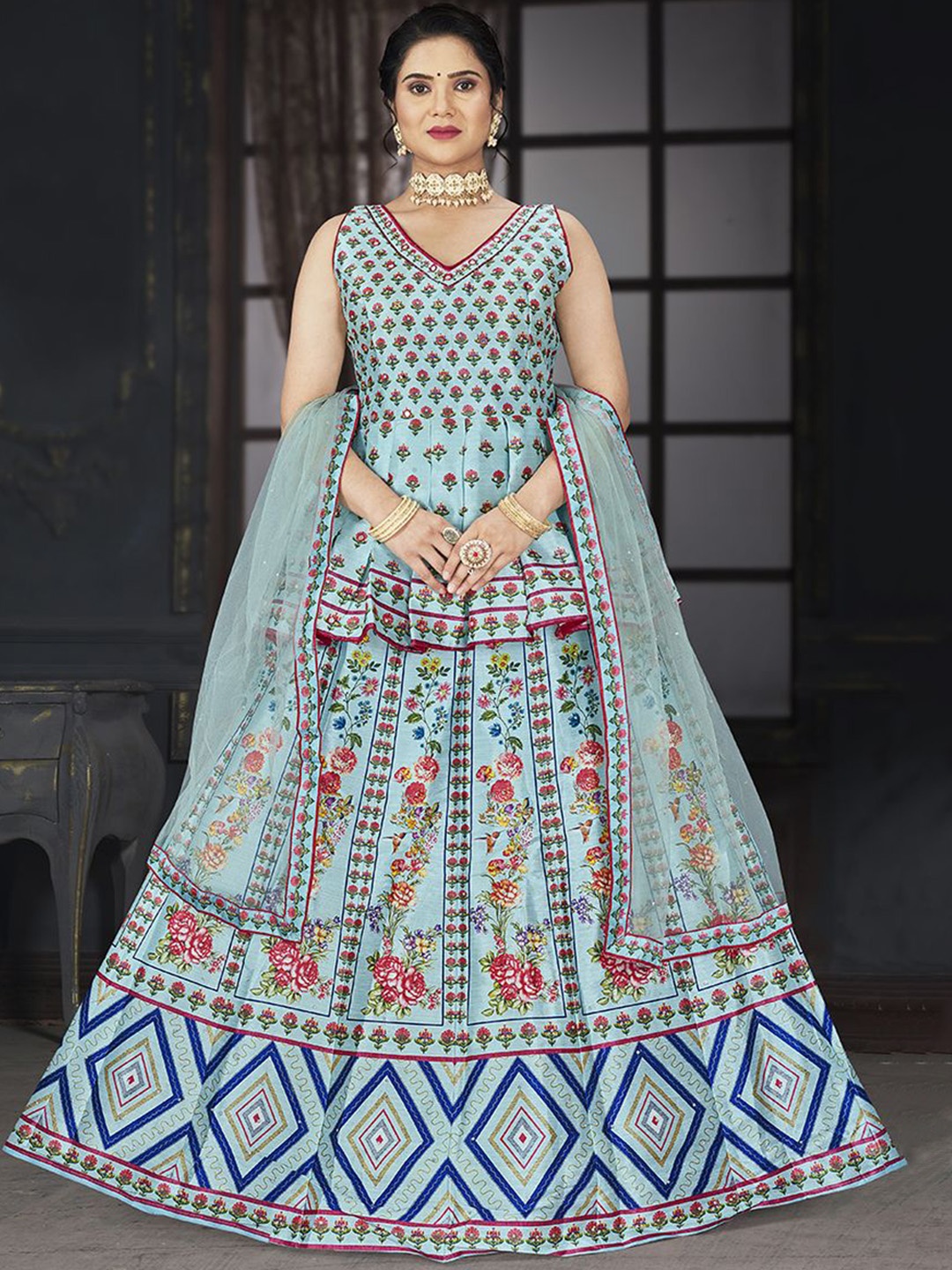 

Krimmple Floral Printed Lehenga Choli With Dupatta, Blue