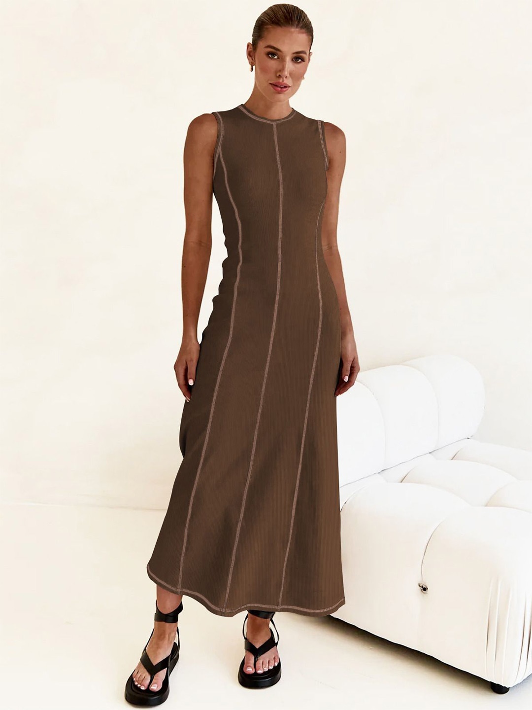

HERE&NOW Women Round Neck Sheath Maxi Dress, Brown