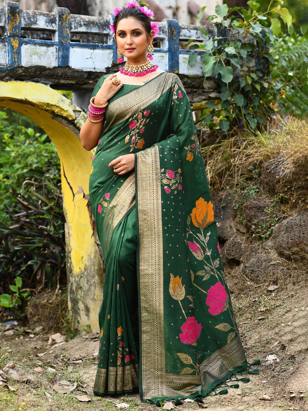 

Kandora Woven Design Zari Pure Silk Tussar Saree, Green