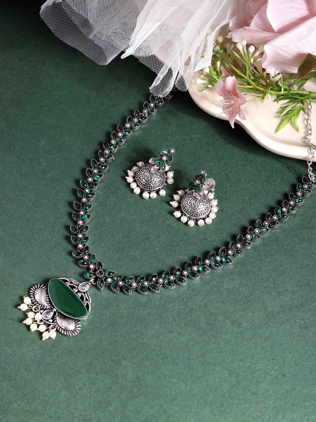

PANASH Silver Plated Stone Studded & Beaded Necklace and Earrings
