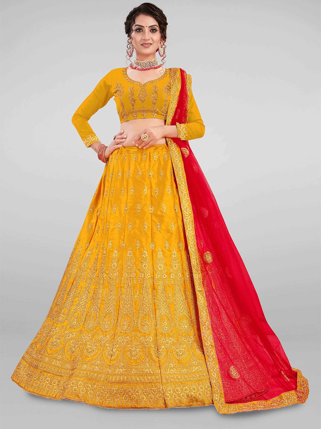 

Maroosh Embroidered Thread Work Unstitched Lehenga & Blouse With Dupatta, Mustard