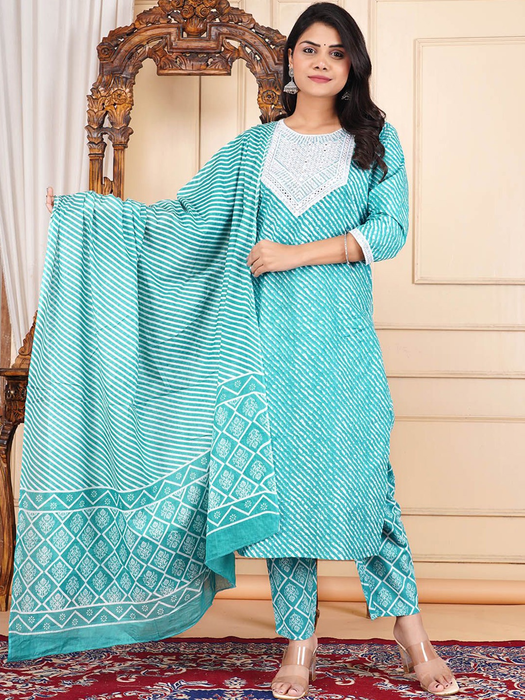 

Meena Bazaar Leheriya Dyed Round Neck Regular Thread Work Kurta With Trouser With Dupatta, Blue