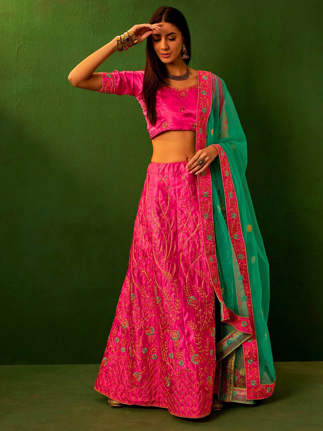 

Maroosh Embellished Thread Work Unstitched Lehenga & Blouse With Dupatta, Pink