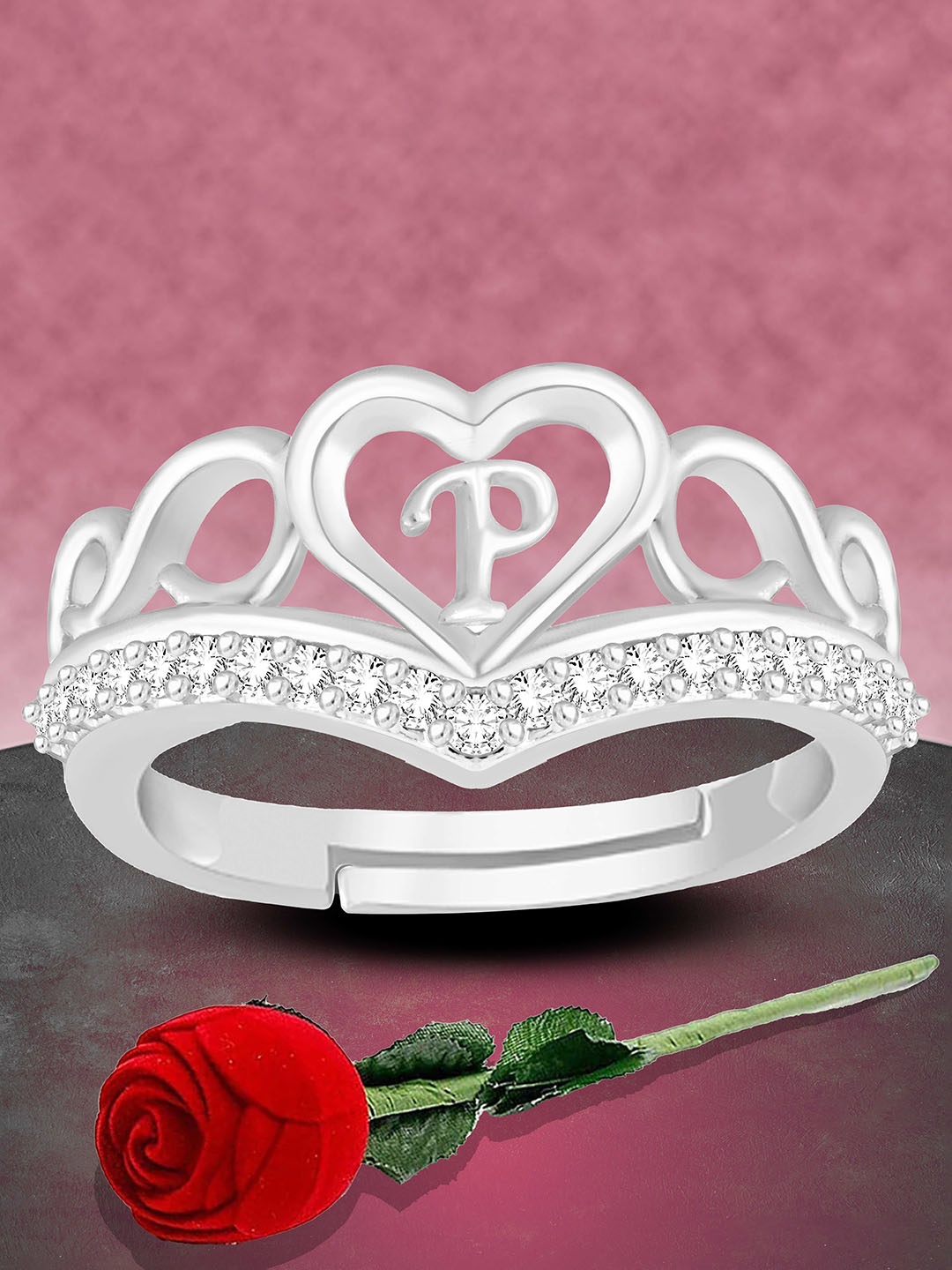 

Heer Collection Unisex Silver-Plated Heart Shaped With P AD-Studded Finger Ring
