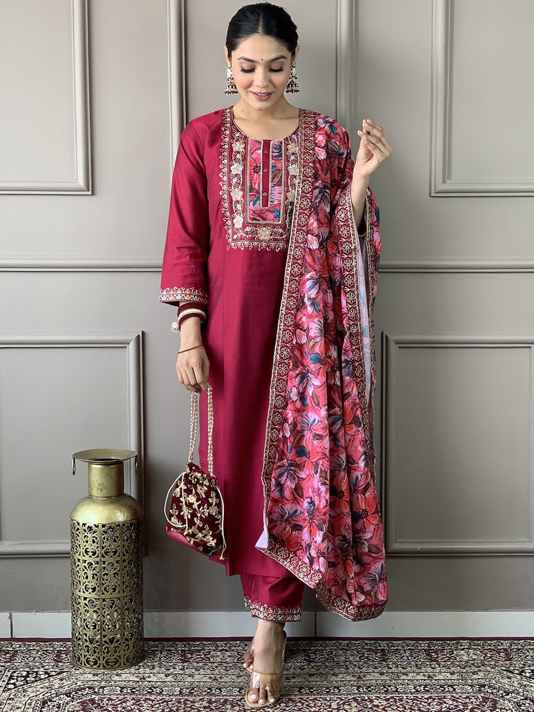 

KALINI Women Ethnic Motifs Sequinned Chanderi Silk Kurta with Trousers Dupatta, Maroon