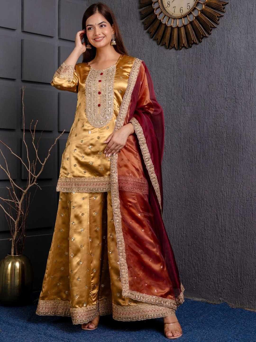 

Jaipurite Women Woven Design Embroidered Kurta with Sharara & With Dupatta, Yellow