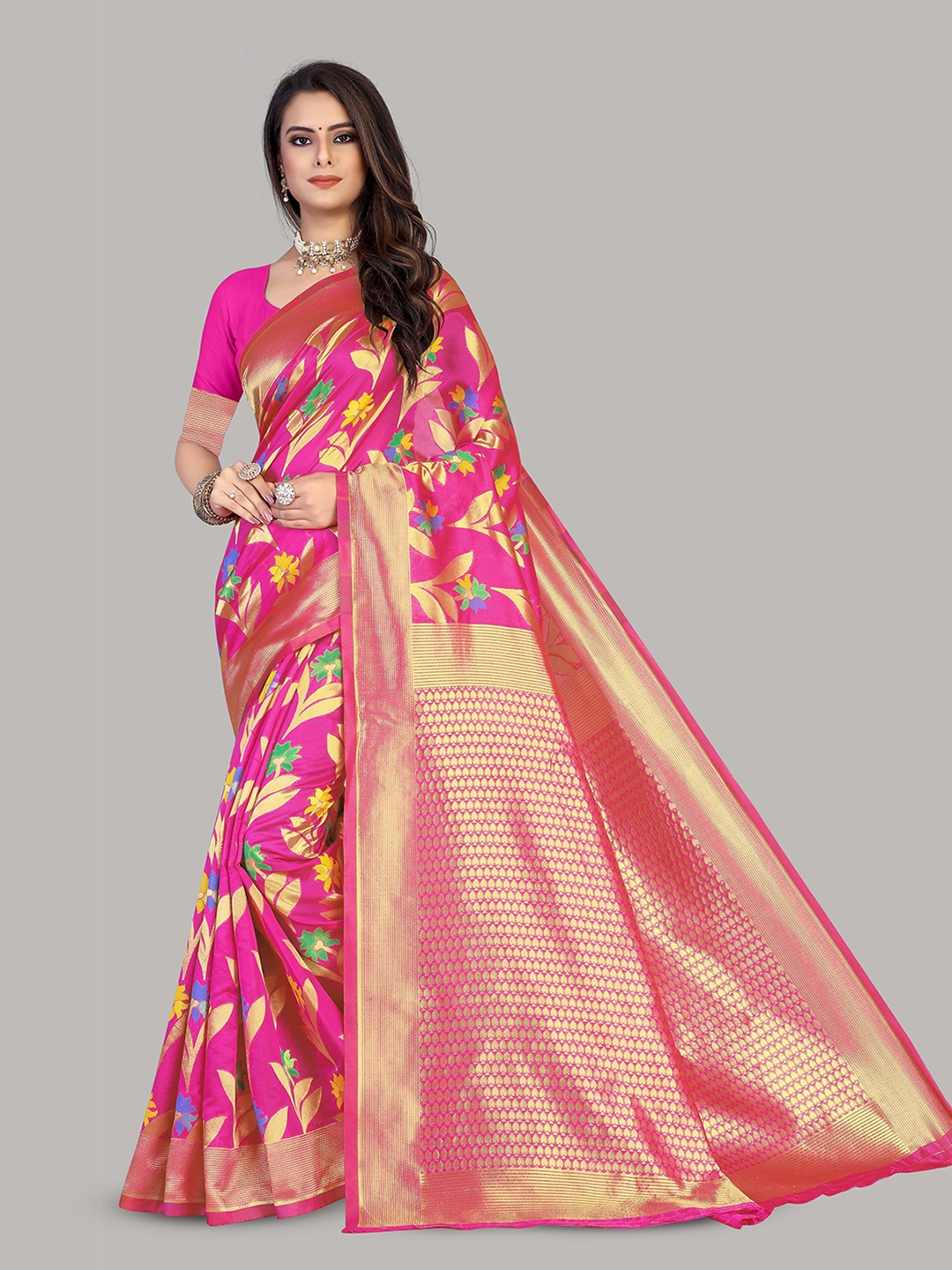 

Maroosh Floral Woven Design Zari Saree, Pink