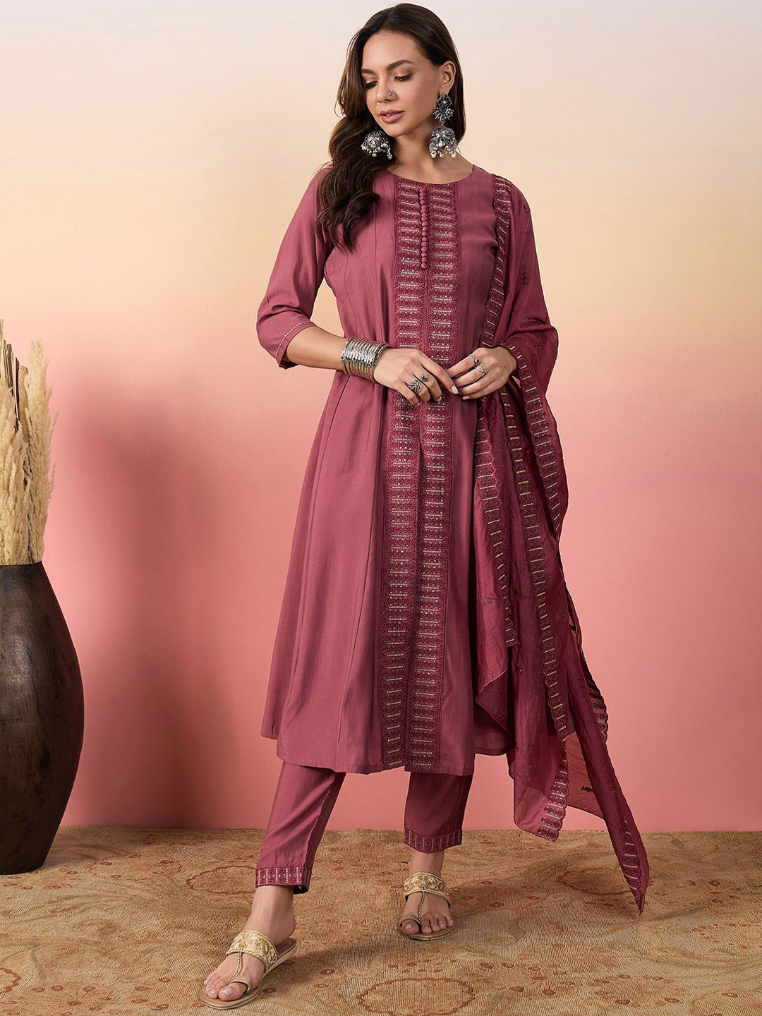 

Krimmple Women Ethnic Motifs Sequinned Pure Silk Kurti with Pyjamas & With Dupatta, Peach