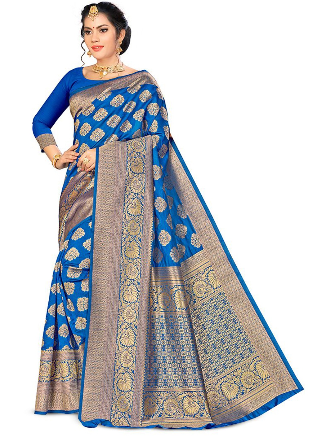 

Maroosh Woven Design Zari Silk Blend Banarasi Saree, Blue