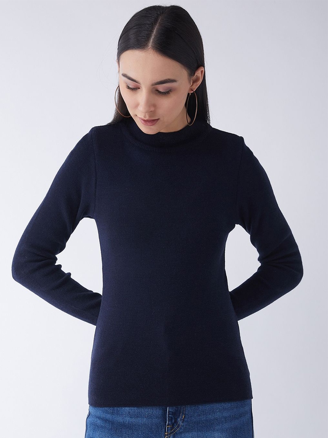 

RVK Women Round Neck Solid Ribbed Pullover Sweater, Navy blue