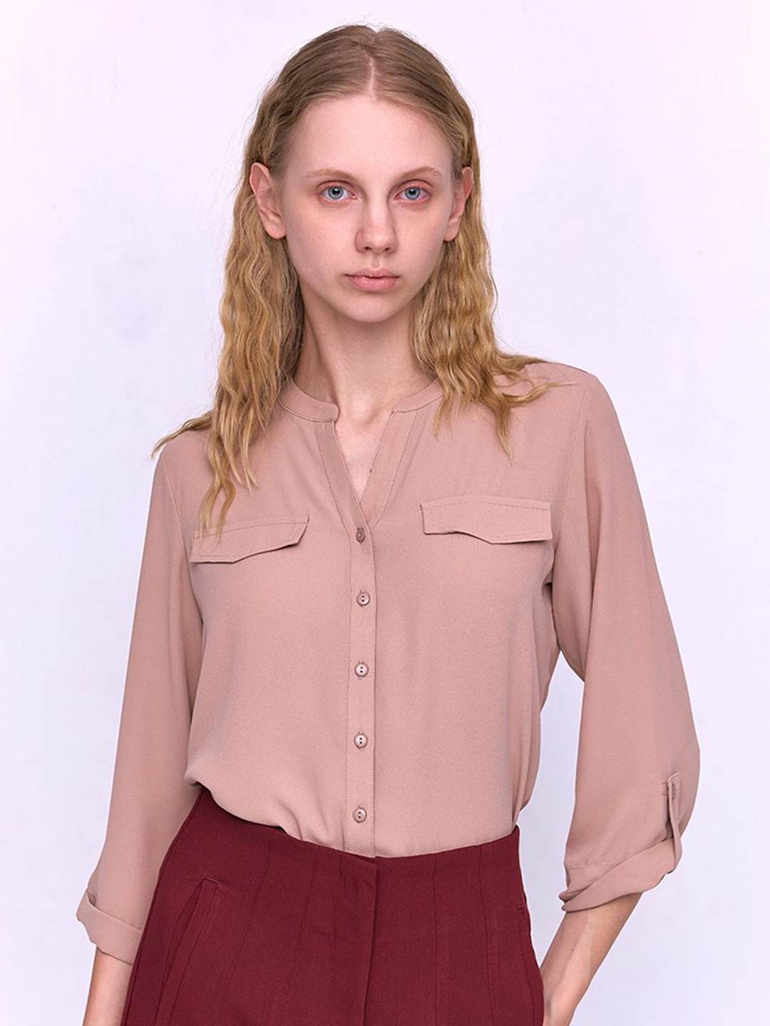 

COVER STORY Women Mandarin Collar Solid Casual Shirt, Beige