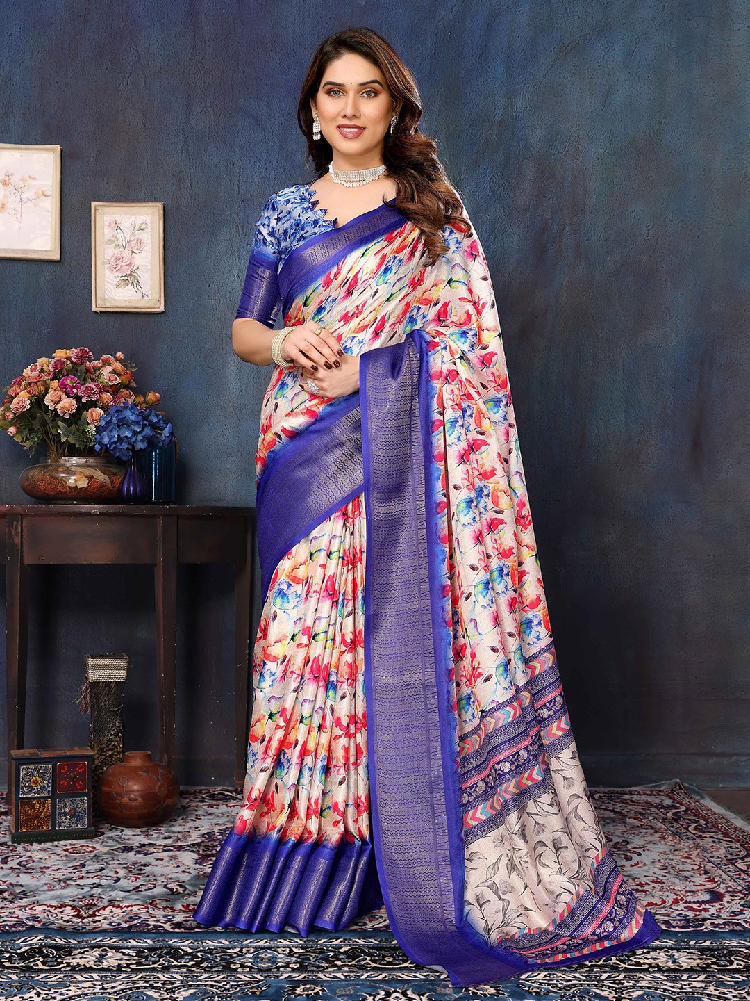 

Shee Star Floral Printed Zari Banarasi Saree, White