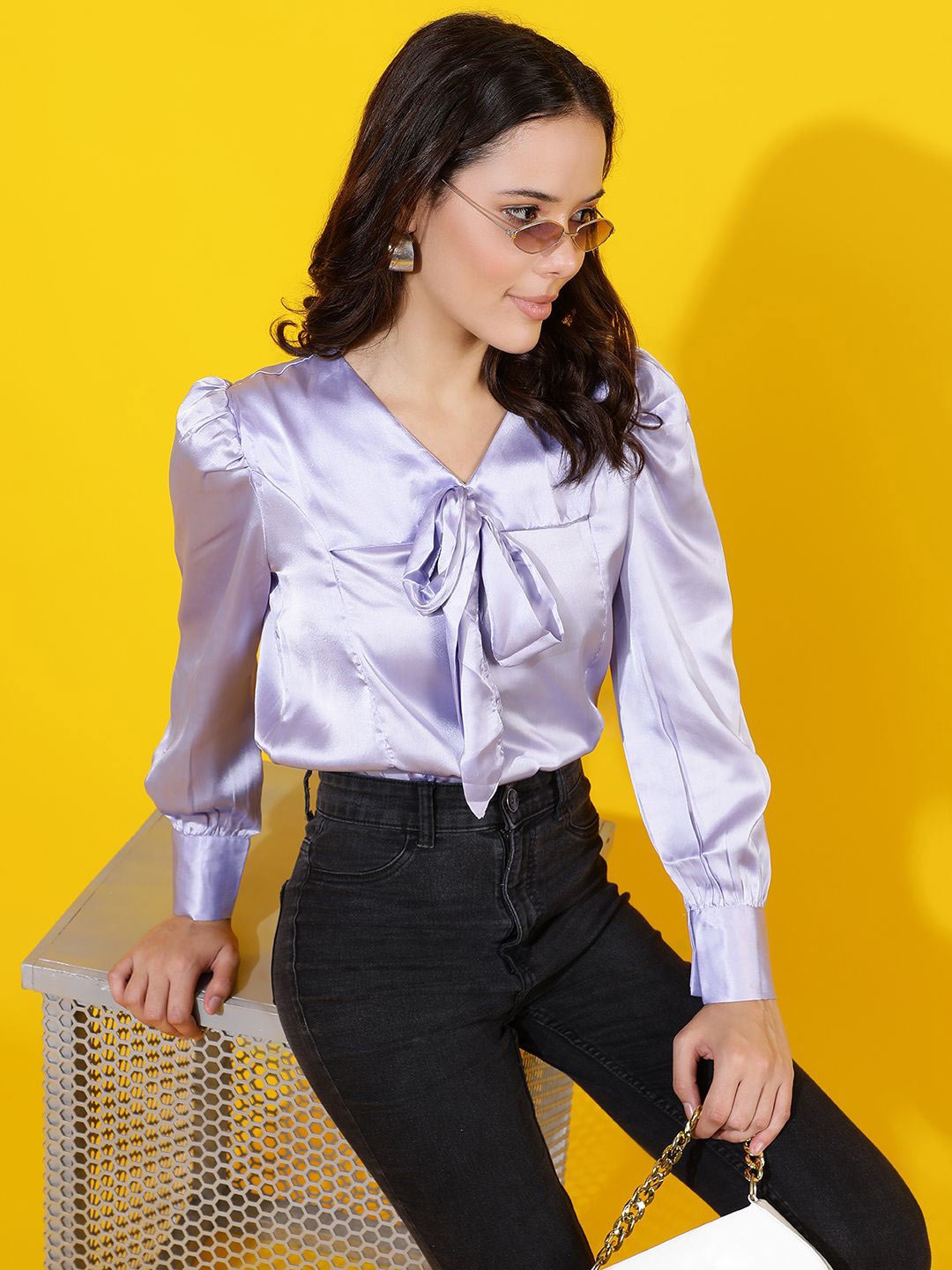 

Kotty Women Solid Tie-Up Neck Satin Top, Lavender