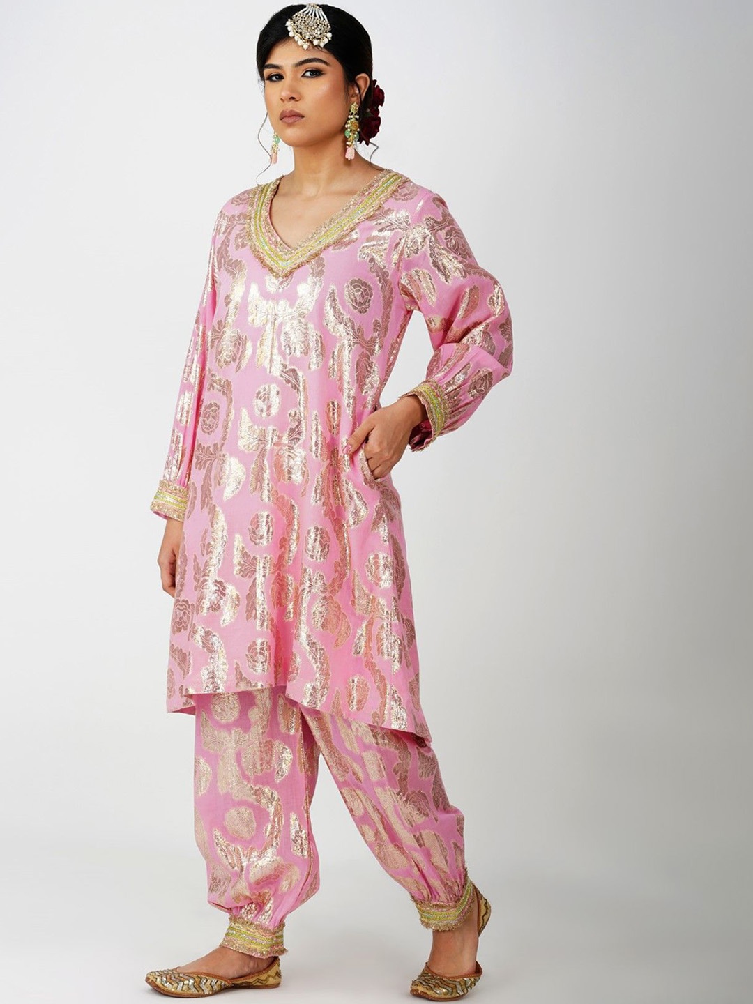 

KOVET Floral Woven Design V-Neck Pure Silk A-Line Kurta with Salwar, Pink