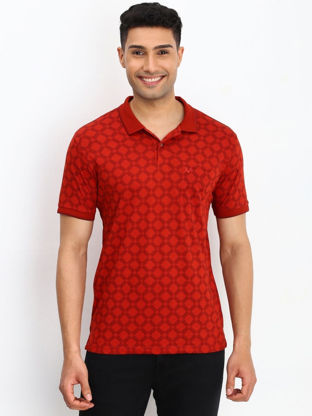 

Allen Solly Men Geometric Printed Polo Collar Cotton T-shirt, Red