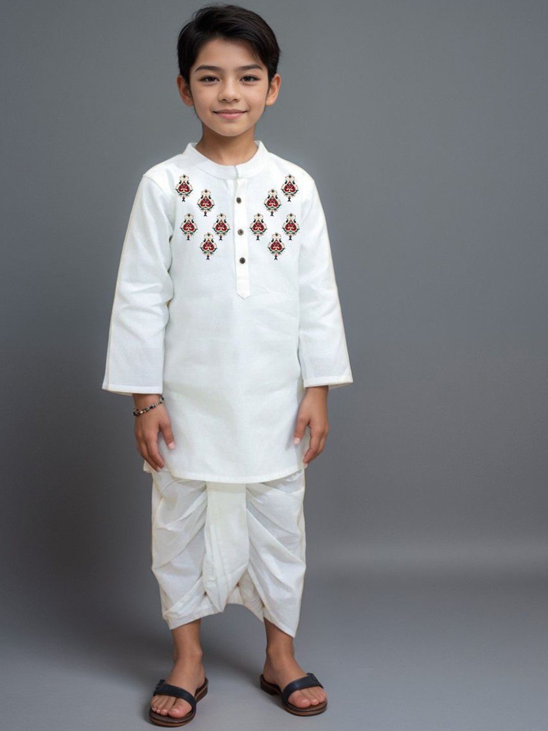 

DEVOILER Boys Ethnic Motifs Printed White Romance Kurta