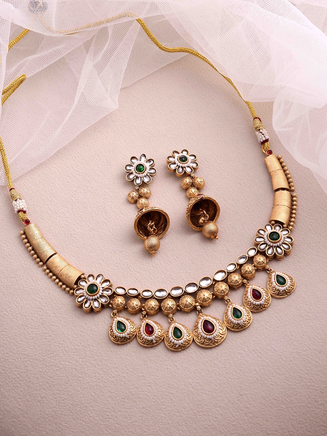 

PANASH Gold Plated Stone Studded & Beaded Necklace and Earrings