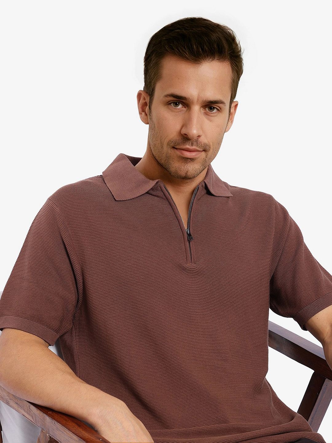 

RARE RABBIT Men Self Design Polo Collar Cotton T-shirt, Mauve