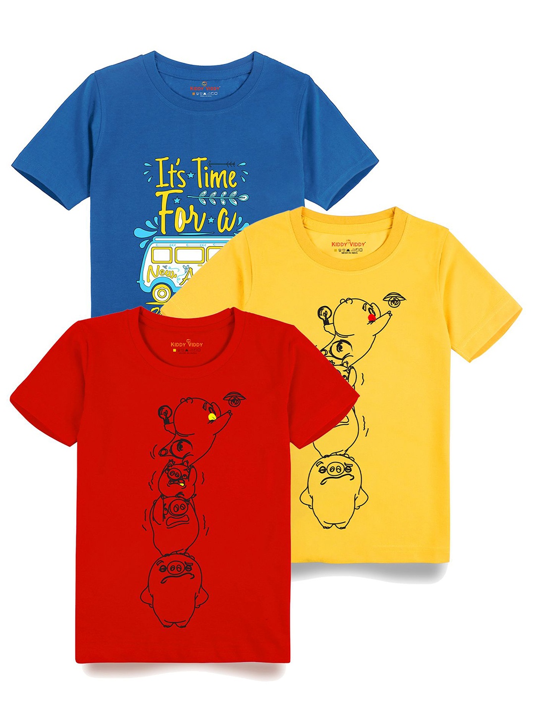 

AUSK Boys Pack Of 3 Graphic Printed Round Neck Cotton T-shirts, Yellow