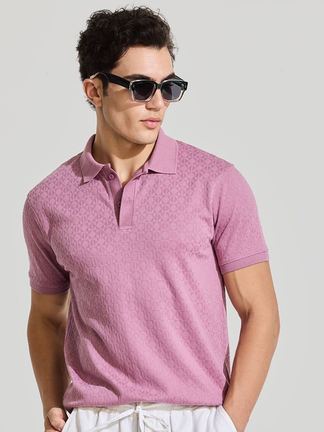 

Snitch Men Self Design Polo Collar Cotton T-shirt, Lavender