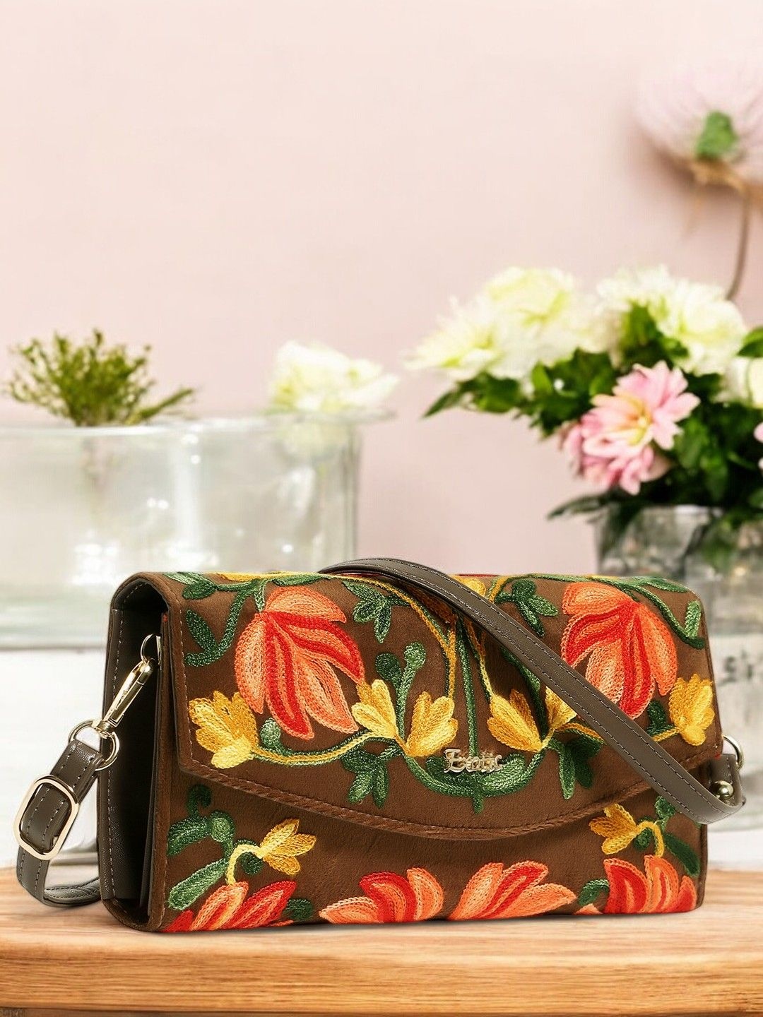 

Exotic Embroidered Envelope Clutch, Brown