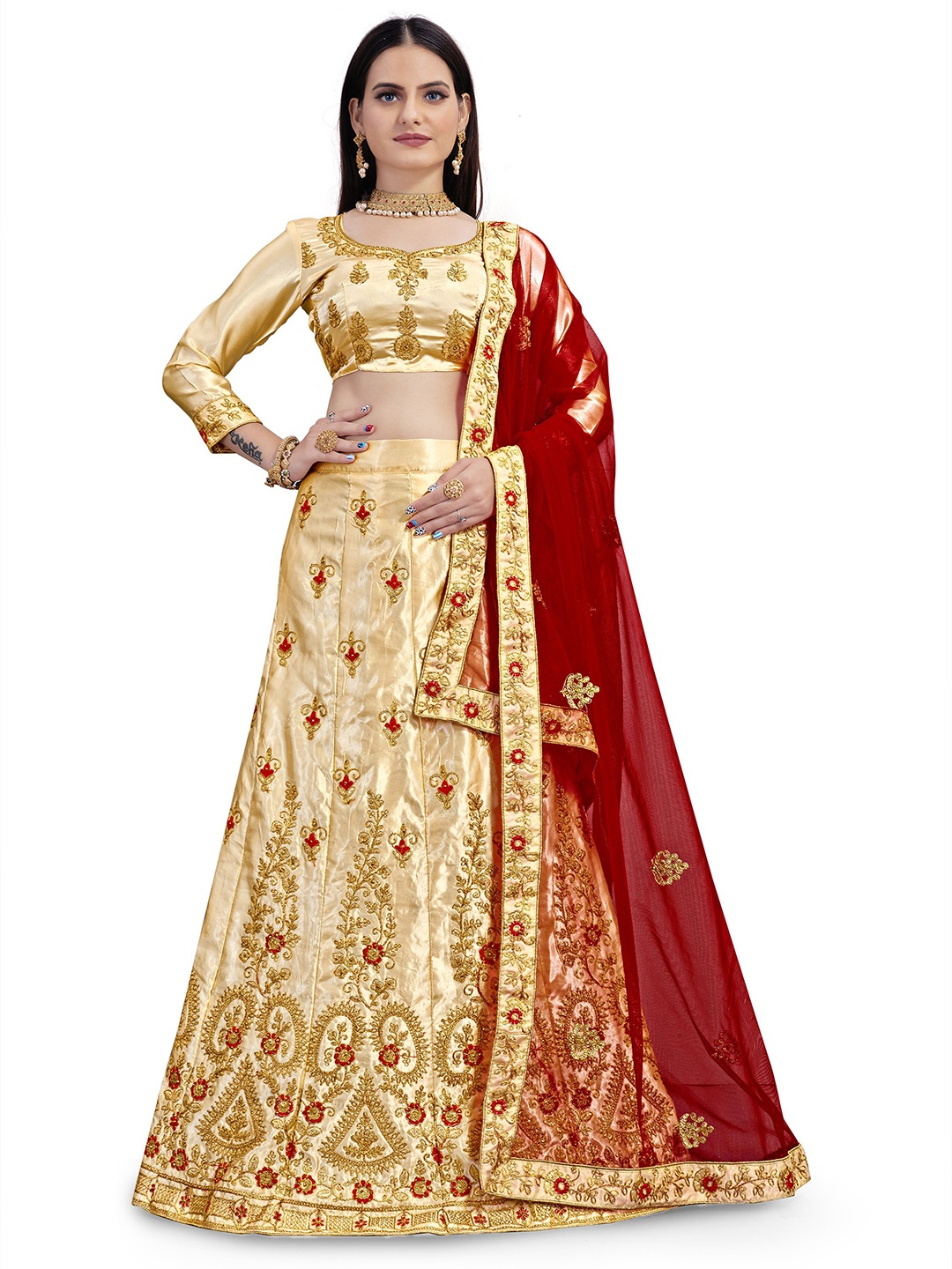 

Maroosh Embellished Beads and Stones Unstitched Lehenga & Blouse With Dupatta, Cream