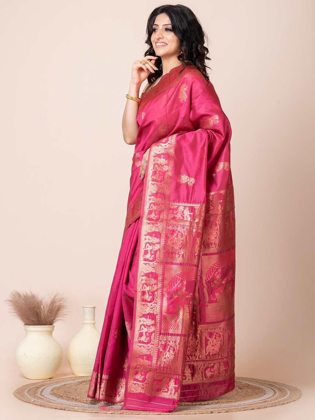 

HOUSE OF ARLI Ethnic Motifs Zari Baluchari Saree, Pink