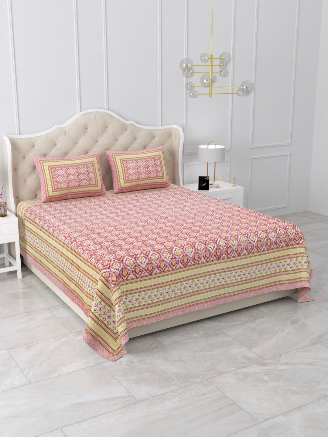 

Qfab Pink Ethnic Motifs 220 TC Queen Bedsheet with 2 Pillow Covers 2.20 x 2.59 Mts