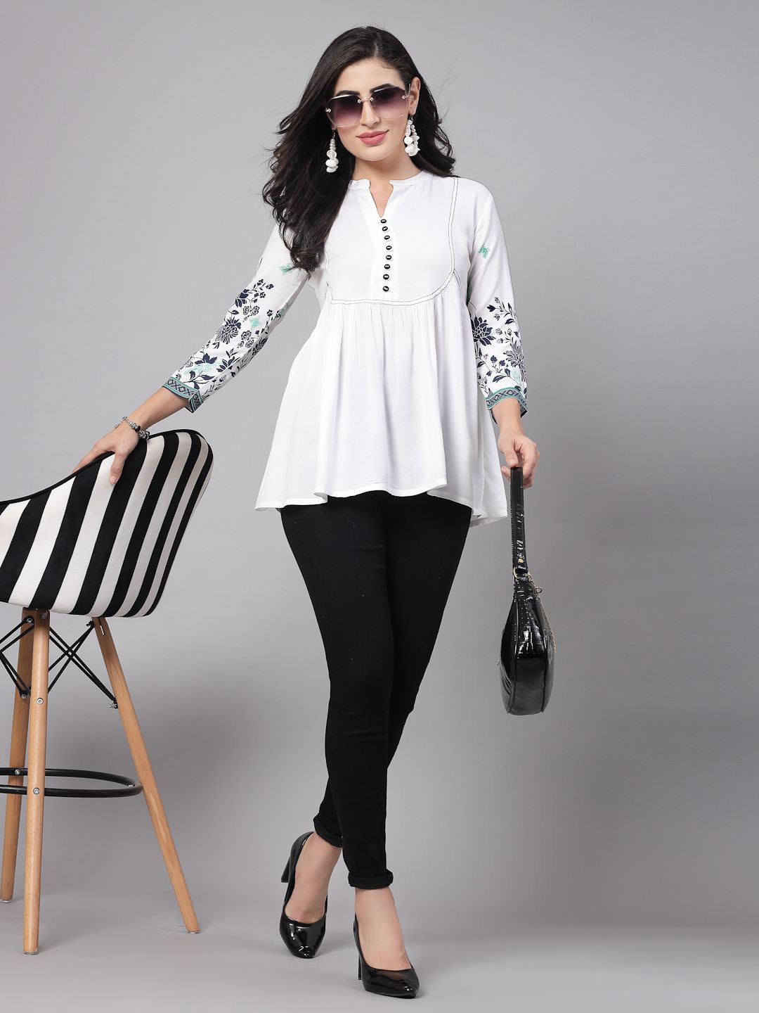 

CHIRAAI Women Floral Printed Mandarin Collar Top, White