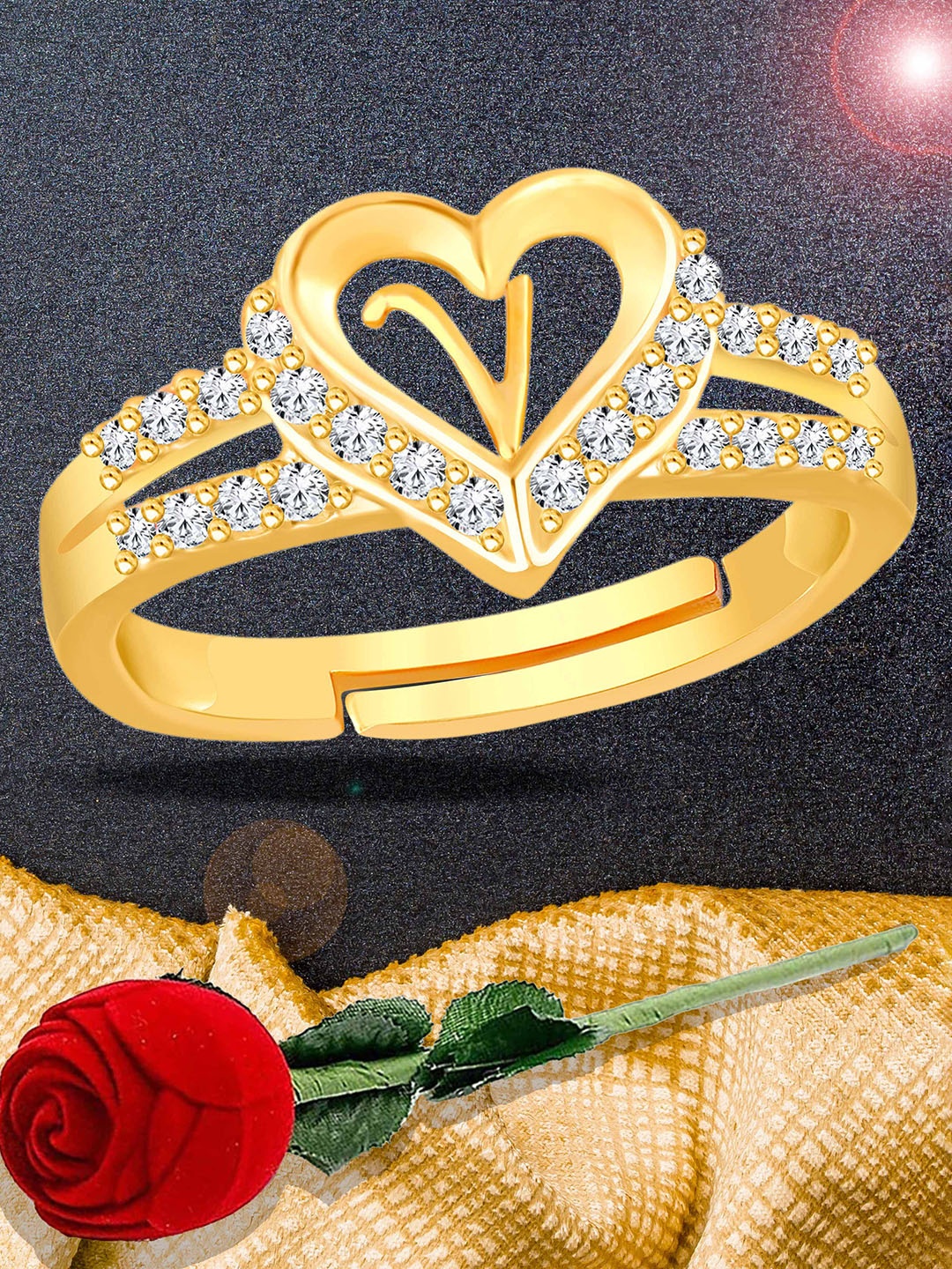 

Lila Gold-Plated American Diamond Stone Studded Alphabet V Adjustable Finger Ring