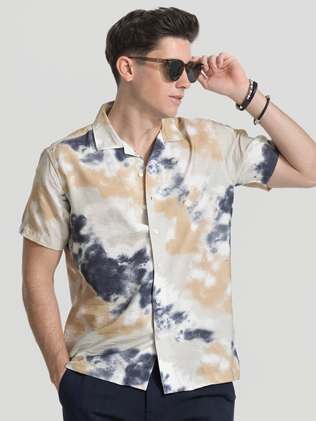 

Snitch Men Smart Cuban Collar Abstract Printed Casual Shirt, Beige