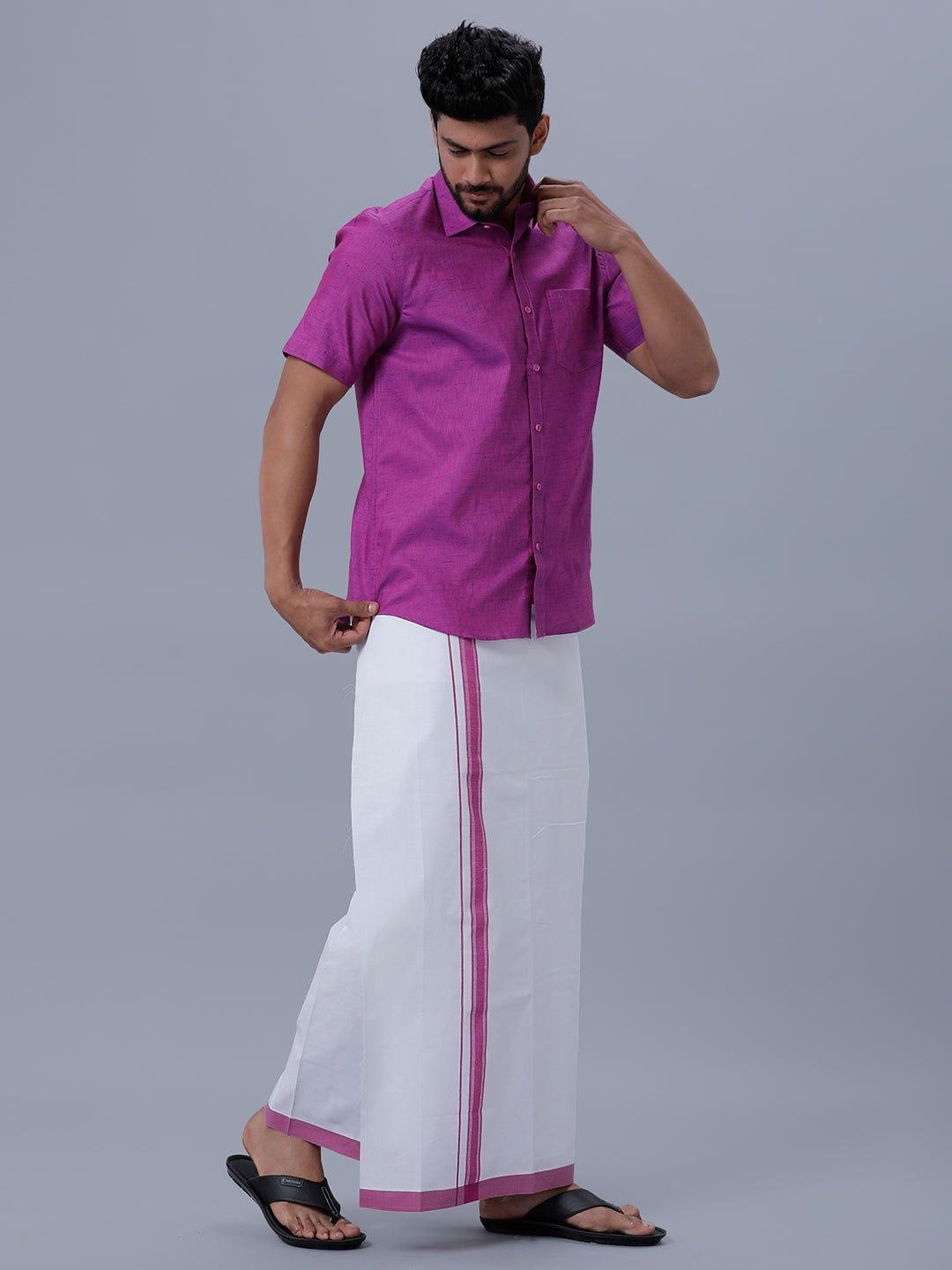 

Ramraj Men Pure Cotton Shirt With Adjustable Dhoti, Pink