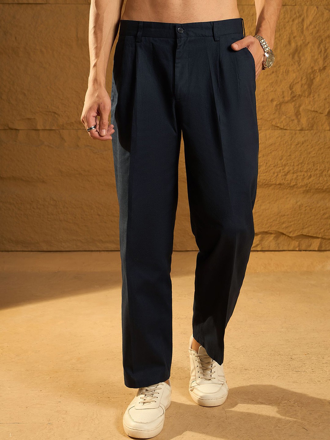 

Dennison Men Textured Double Pleated Korean Baggy Fit Trouser, Blue