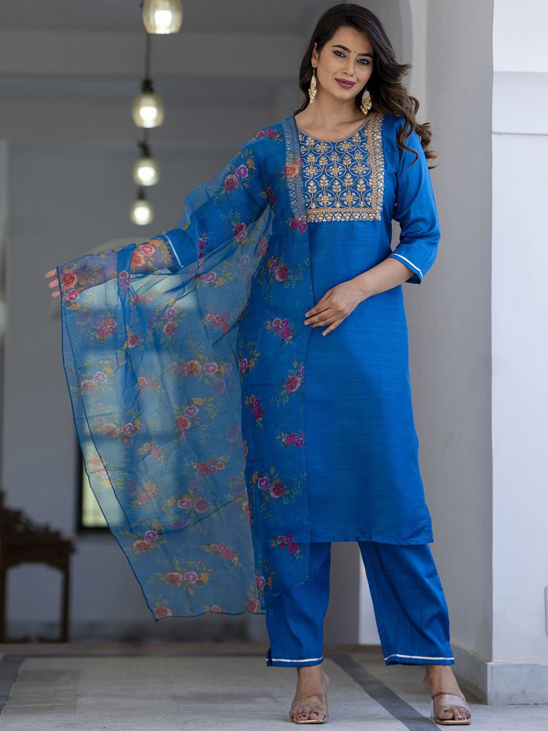 

VredeVogel Floral Embroidered Round Neck Straight Kurta With Trouser With Dupatta, Teal