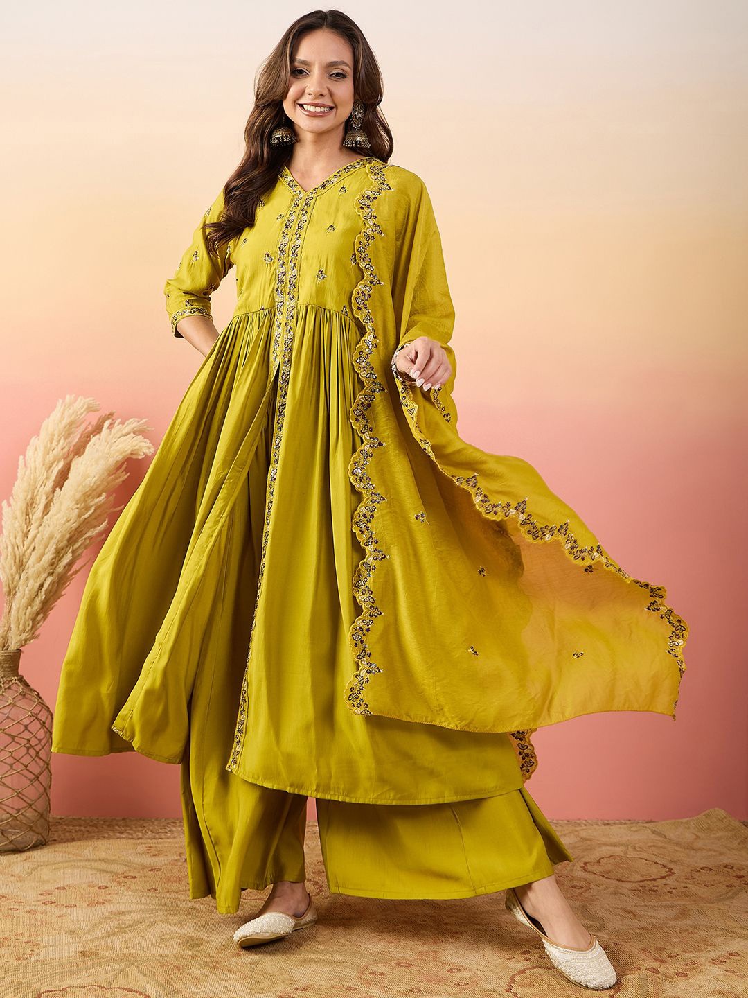 

Krimmple Women Ethnic Motifs Yoke Design Pure Silk Kurti with Palazzos & With Dupatta, Yellow