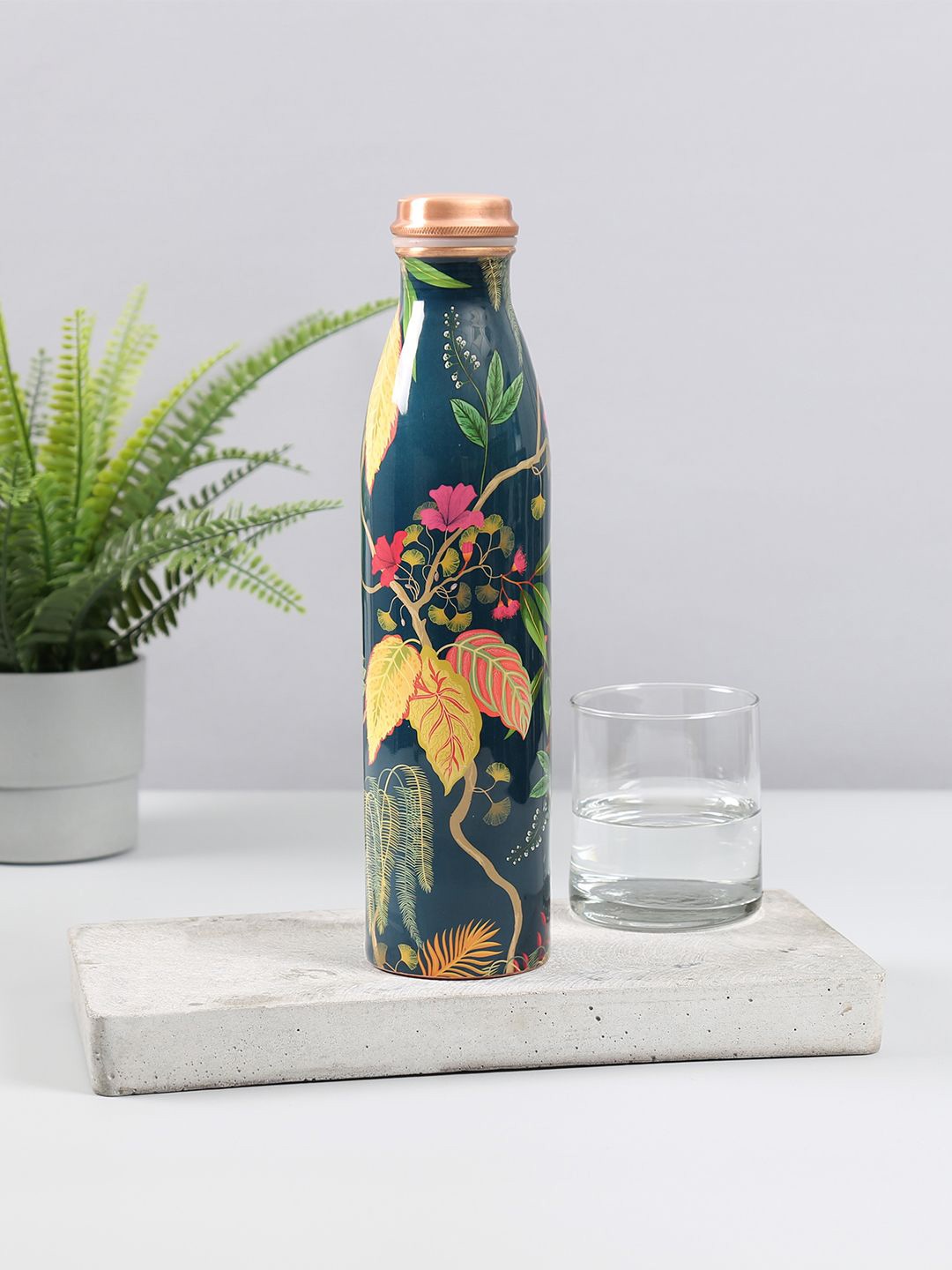 

India Circus by Krsnaa Mehta Fronds and Florets Green Printed Copper Water Bottle 950ml