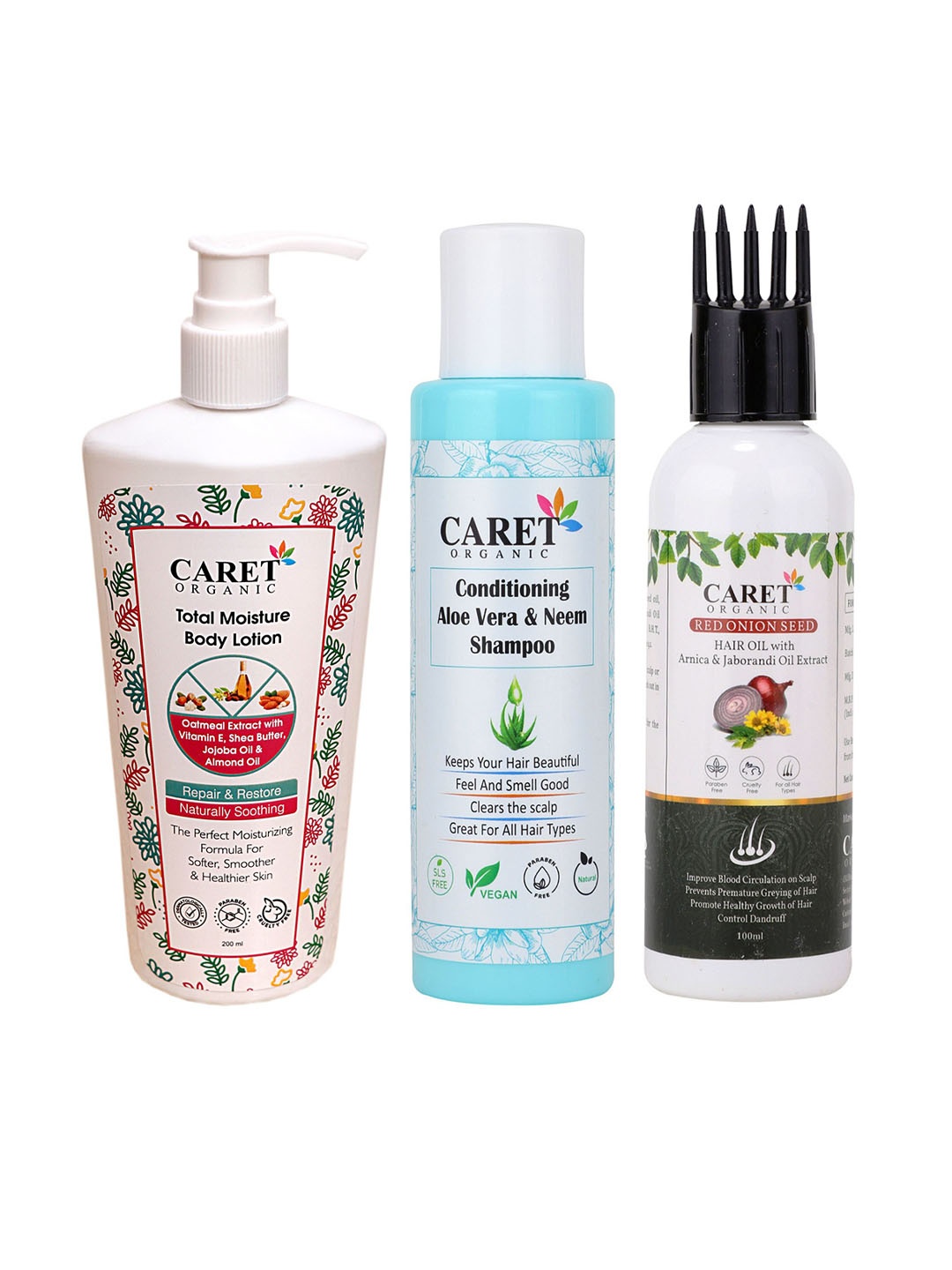 

CARET ORGANIC Total Moisture Body Lotion & Aloevera Neem Shampoo & Red Onion Hair Oil, White