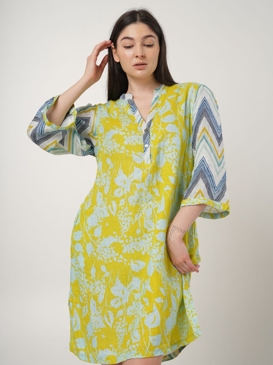 

Fabulous Women Print Linen A-Line Dress, Lime green