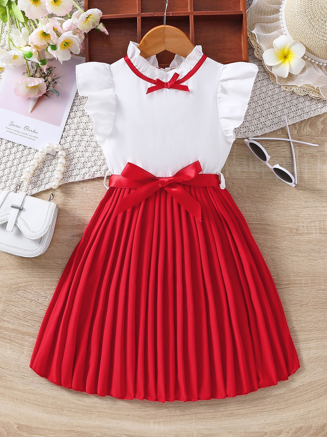 

Xsole Girls Solid Fit & Flare Dress With Bow, Red