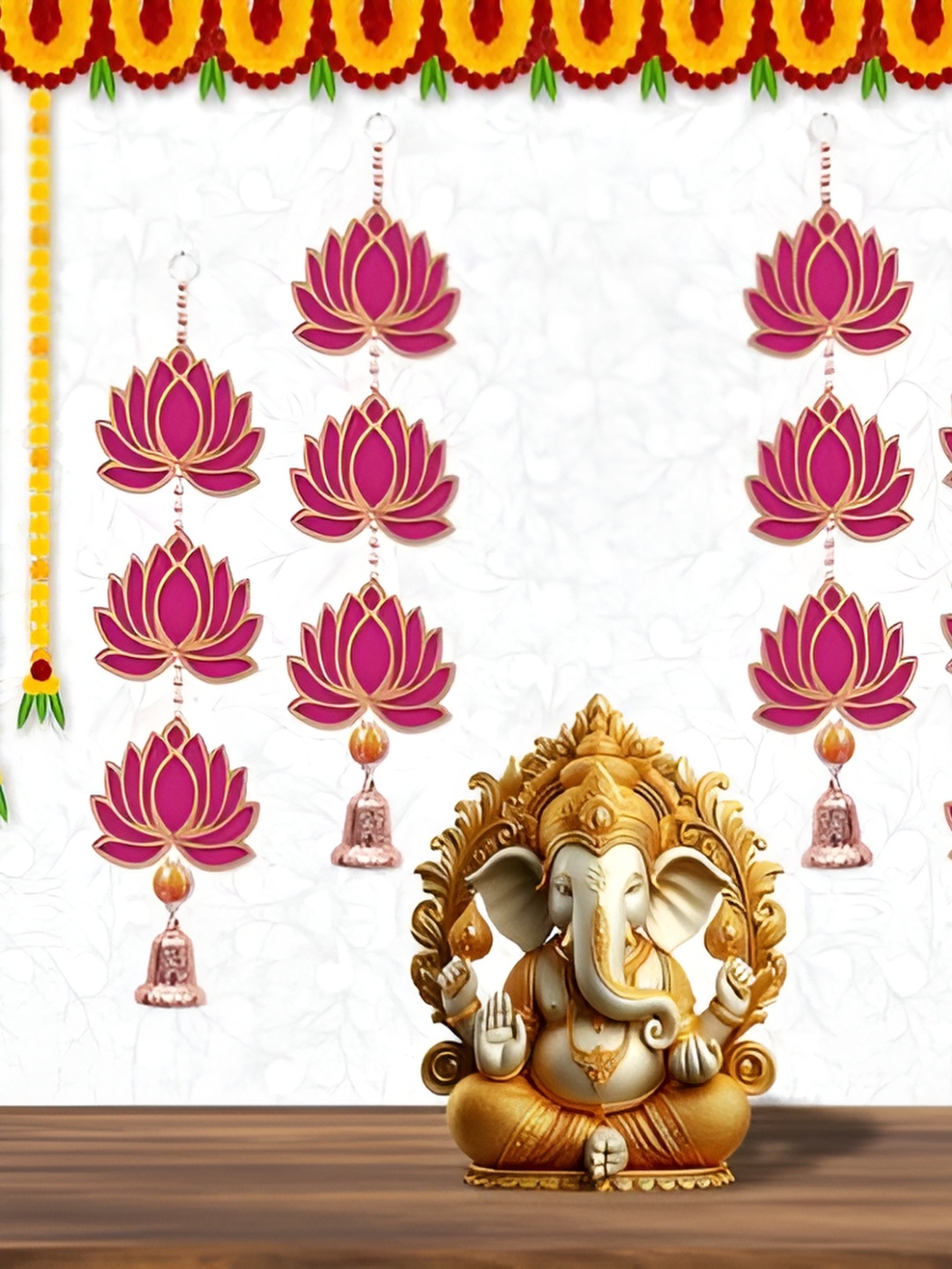 

Perpetual 4 Pieces Pink & Yellow Wooden Lotus Hanging Toran Festive Decor