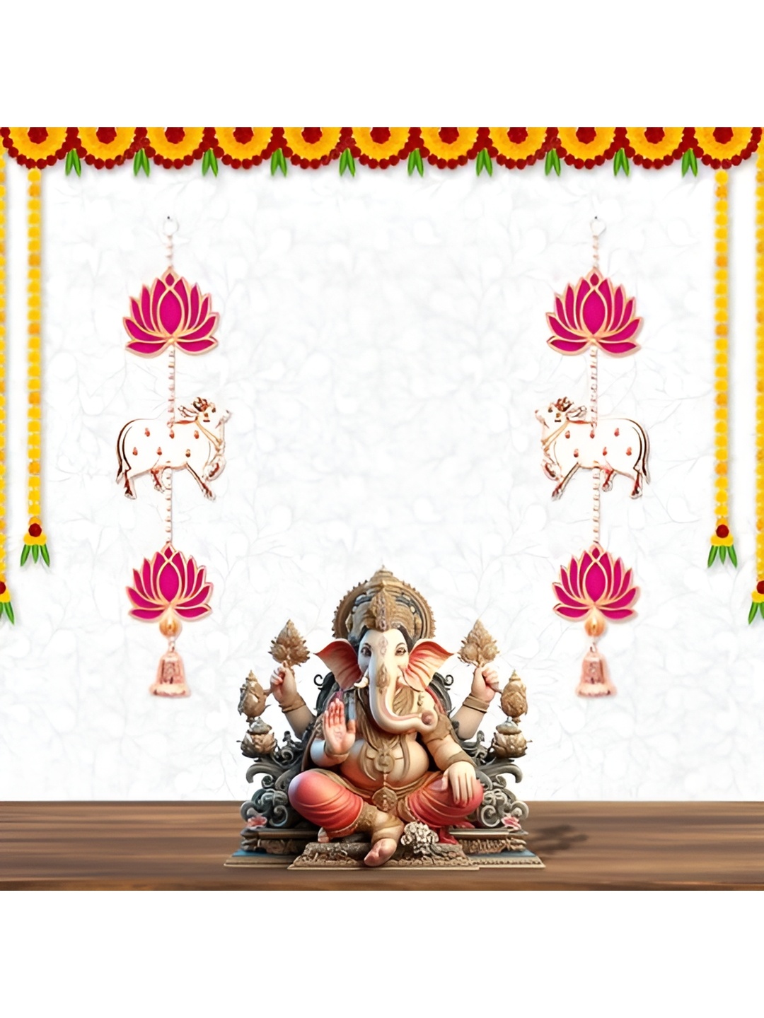 

Perpetual 2 Pieces Pink & Yellow Wooden Lotus Hanging Toran Festive Decor