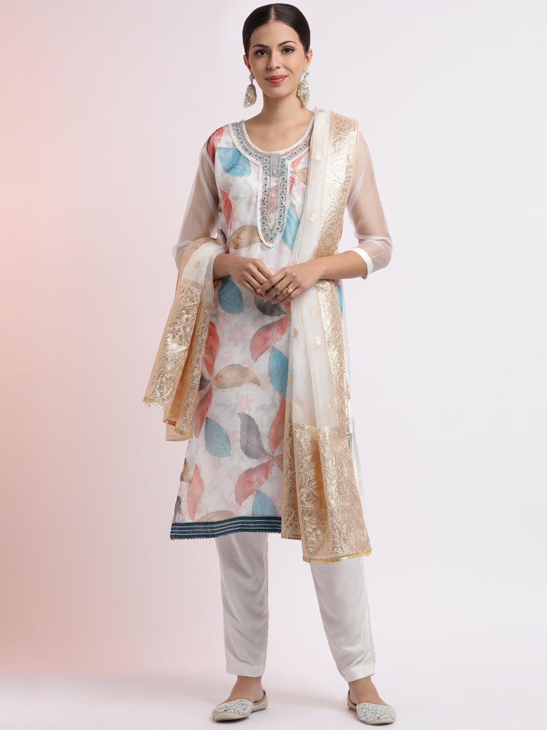 

Jaipur Kurti Festive Embroidered Organza Kurta Set With Dupatta, Off white