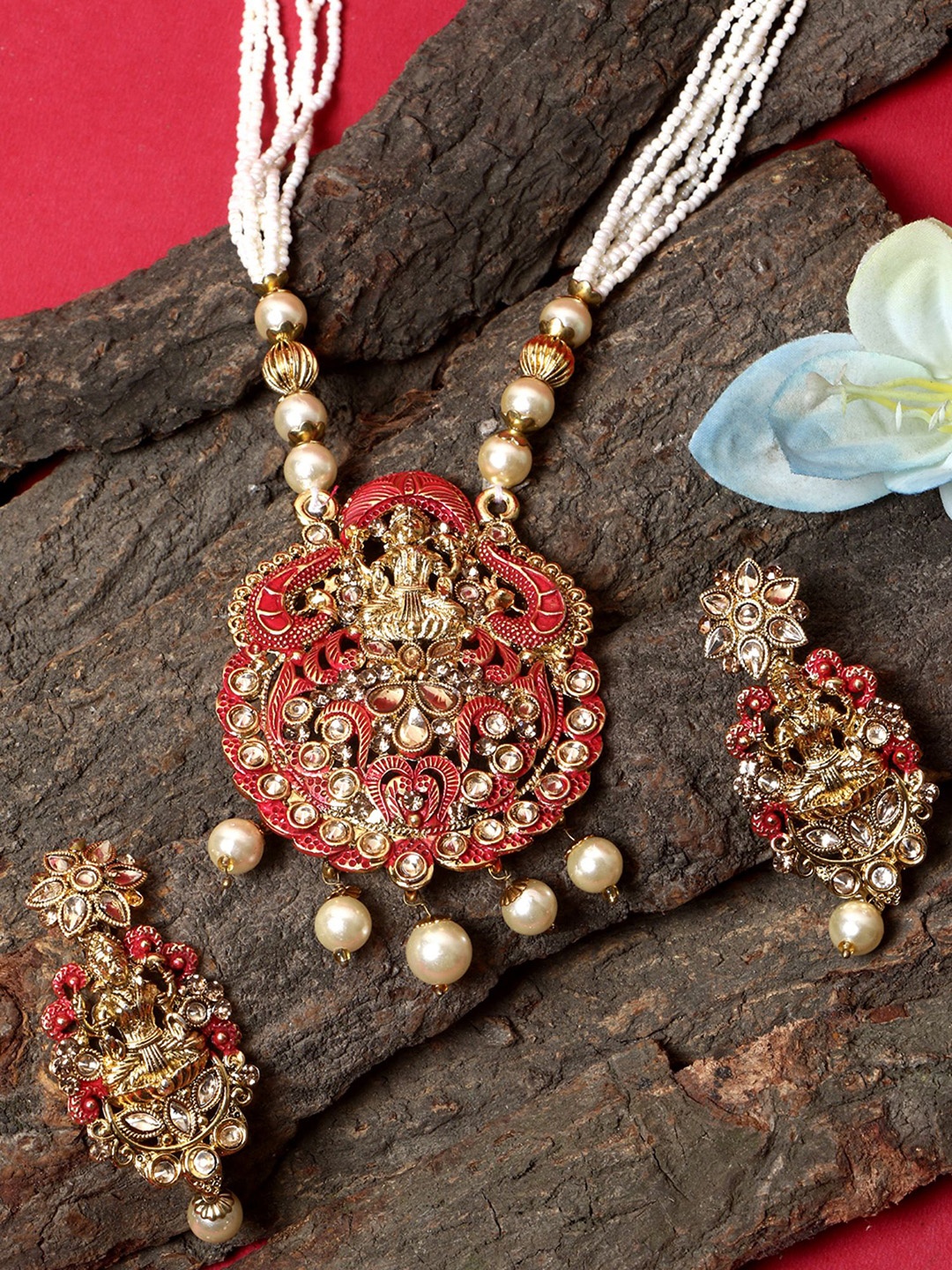 

ANIKAS CREATION Gold-Plated Stone-Studded & Beaded Temple Jewellery Set