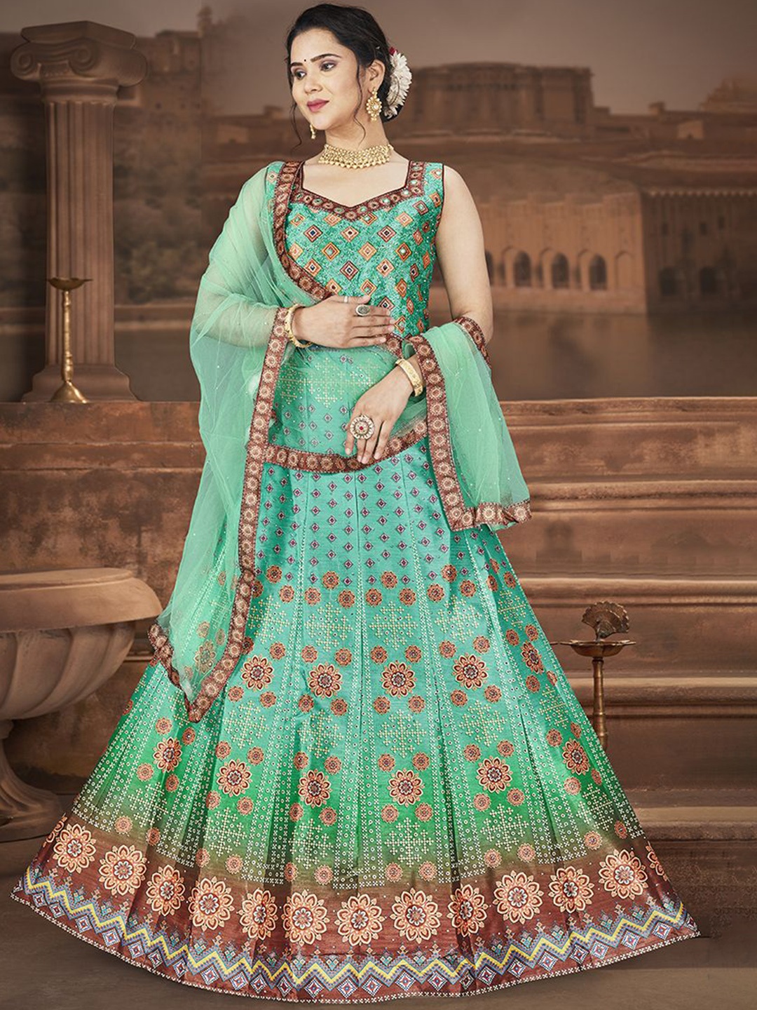 

Krimmple Printed Fit & Flared Maxi Ethnic Dress With Dupatta, Green