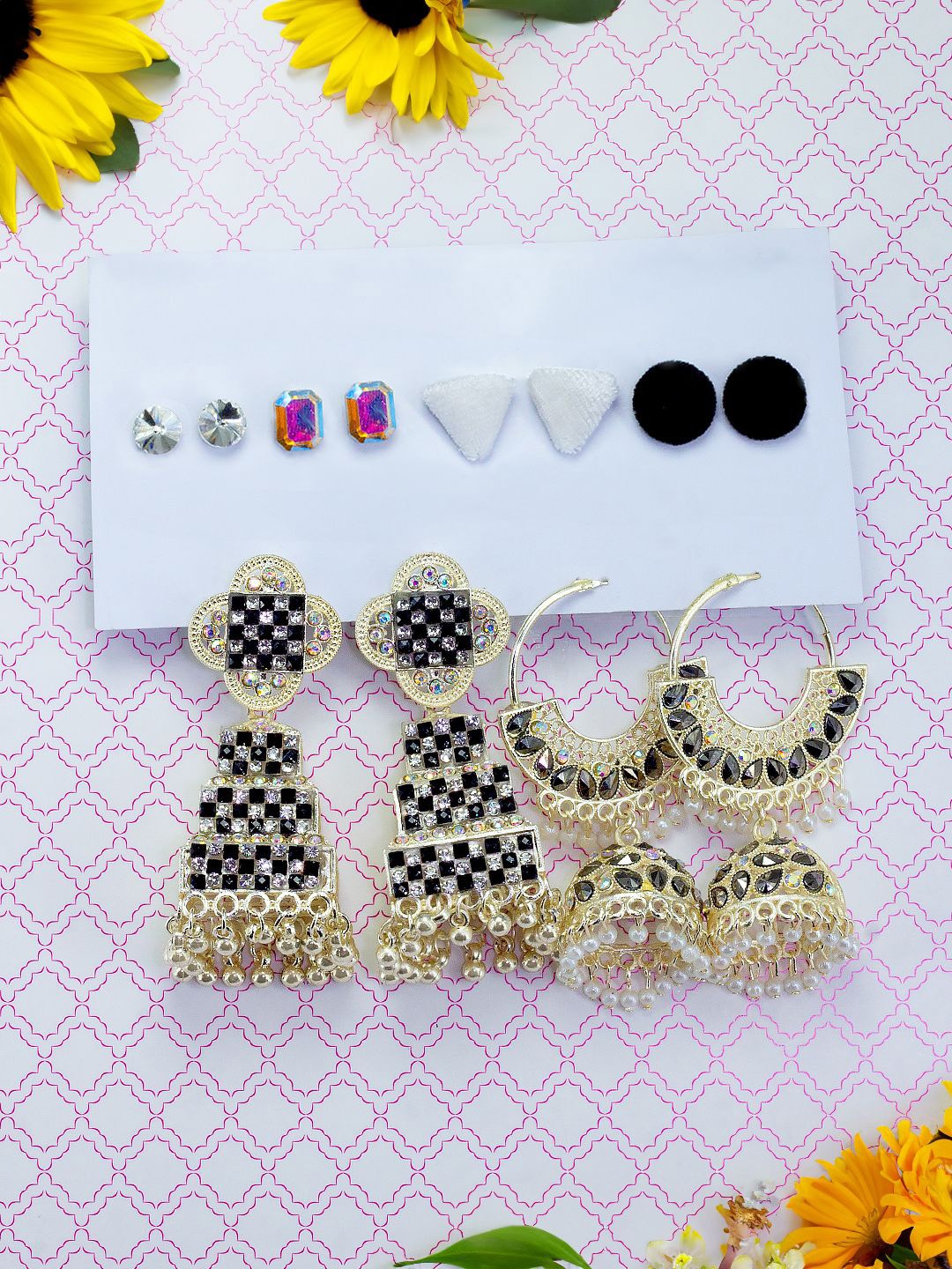 

PRIVIU Set of 6 Gold Plated Stone Studded & Beaded Jhumkas and Studs