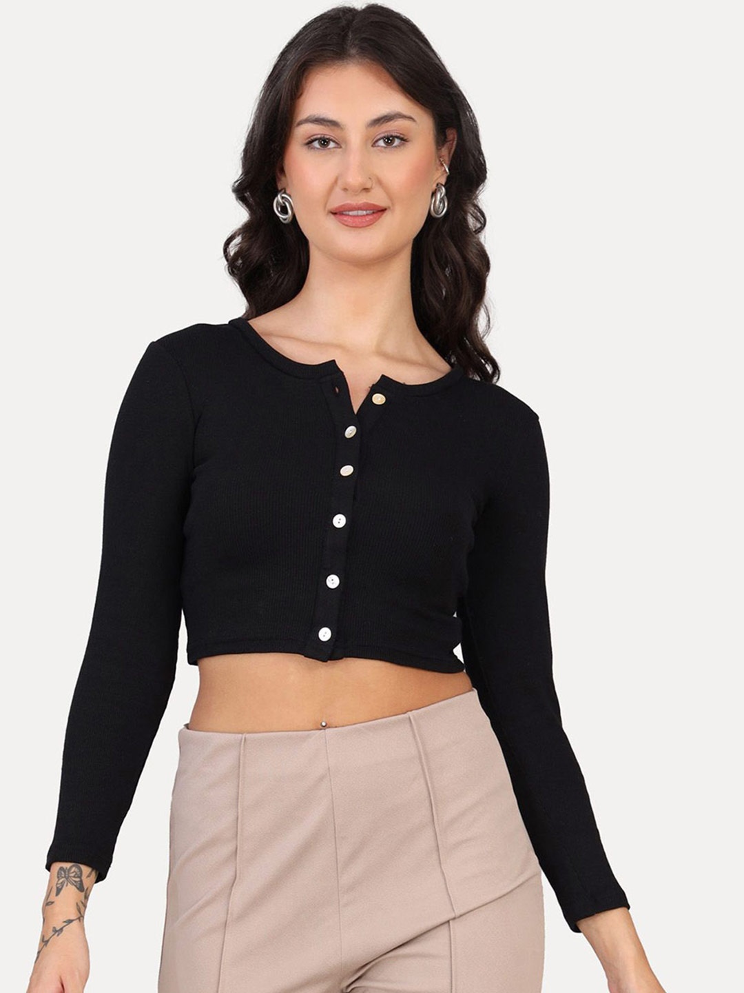

VISO Women Solid Round Neck Top, Black
