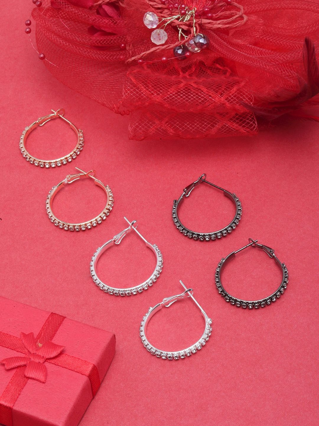 

KPOP Set of 3 Rose Gold-Plated Contemporary Rhinestone Studded Drop Earrings